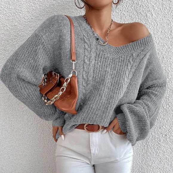 πͺ GREY CABLE KNIT V NECK LOOSE SWEATER! - Picture 5 of 12